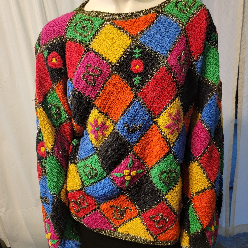 Y2K Jennifer Reed Bright Colorful Patchwork Hand Knit Sweater Made In Hong Kong